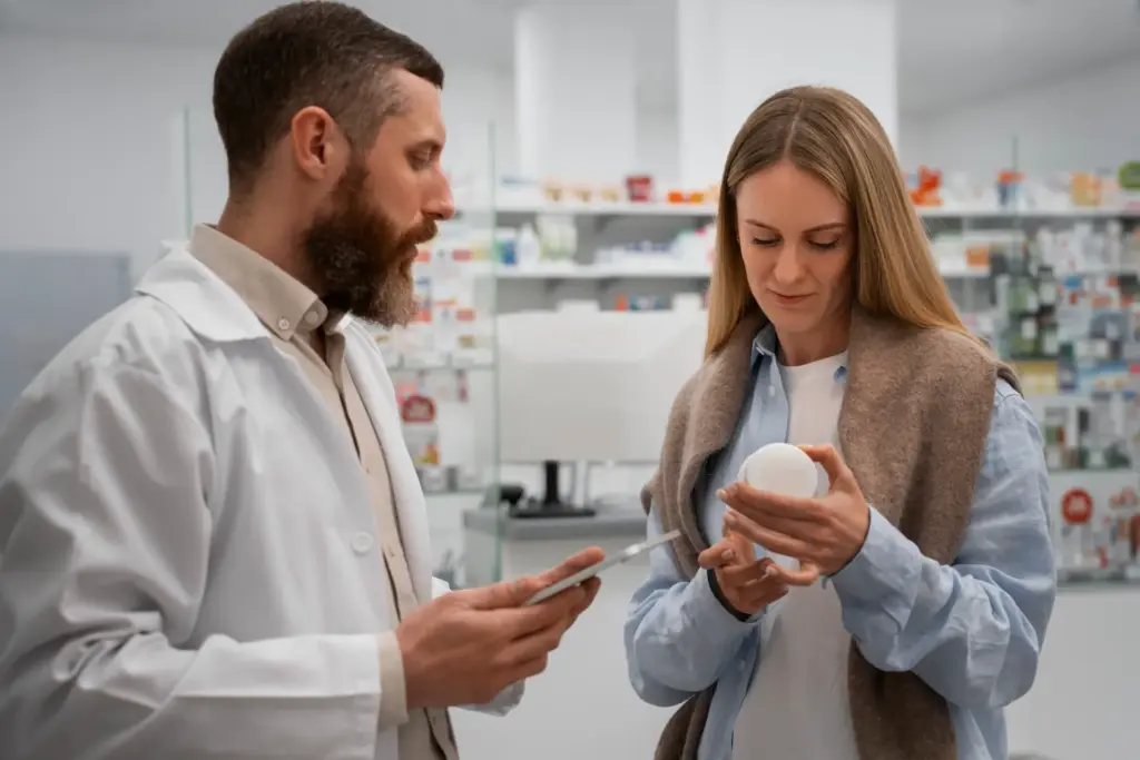 male pharmacist consulting female customer drugstore 1